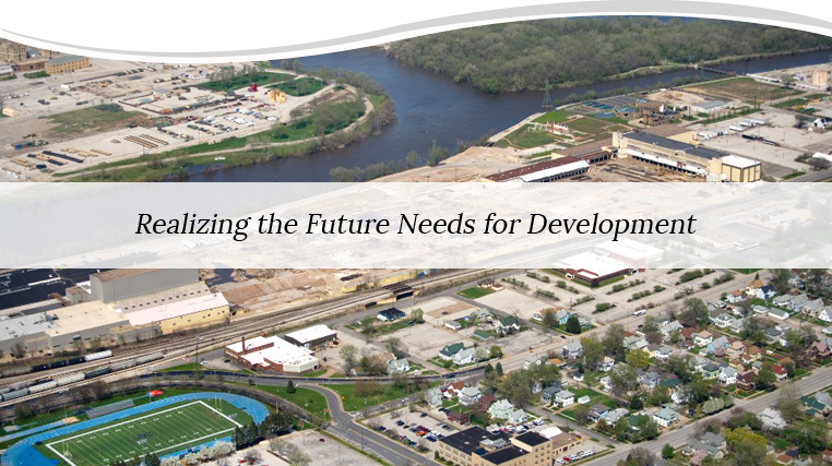 An aerial photo of the Rock Island Quad Cities with the tagline Realizing the Future Needs for Development